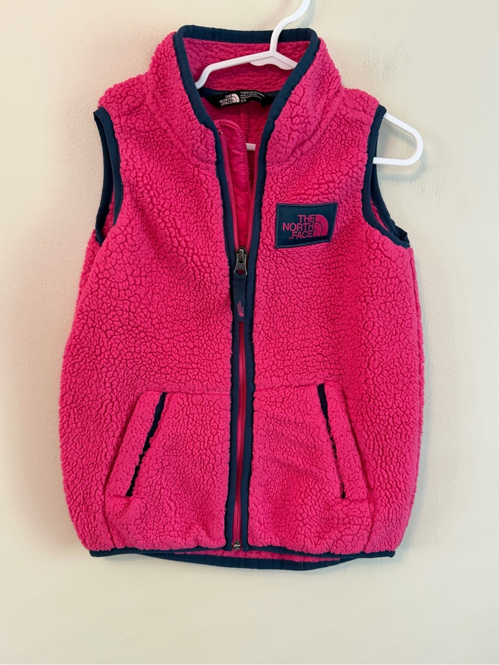 The North Face Kids Pink Sherpa Fleece Vest with Navy Trim
